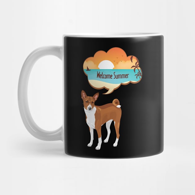 Basenji Dog with Welcome Summer Beach Sunset Bubble by Seasonal Dogs